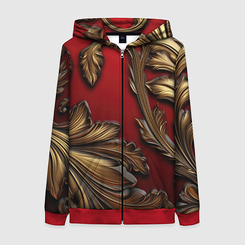 Женская толстовка на молнии Золотые объемные листья на красном фоне / 3D-Красный – фото 1