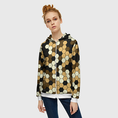 Женская толстовка на молнии Камуфляж гексагон коричневый / 3D-Белый – фото 3