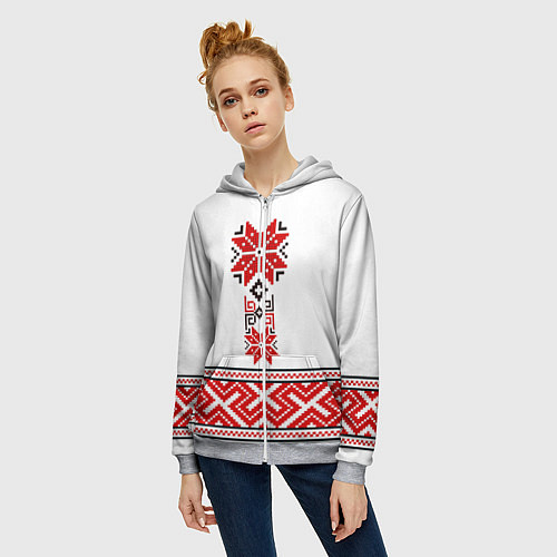 Женская толстовка на молнии Обережная вышиванка - узор алатырь / 3D-Меланж – фото 3