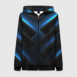 Толстовка на молнии женская Черный абстрактный фон и синие неоновые вставки, цвет: 3D-черный