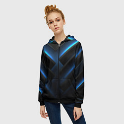 Толстовка на молнии женская Черный абстрактный фон и синие неоновые вставки, цвет: 3D-черный — фото 2