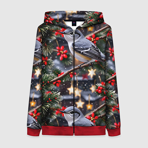Женская толстовка на молнии Рождественская птица пересмешник / 3D-Красный – фото 1