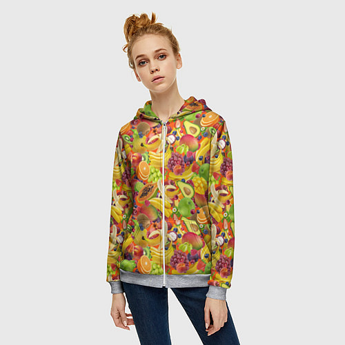 Женская толстовка на молнии Экзотические фрукты и ягоды / 3D-Меланж – фото 3