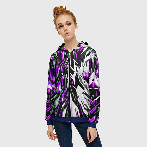 Женская толстовка на молнии Фиолетовая и белая абстракция на чёрном фоне / 3D-Синий – фото 3
