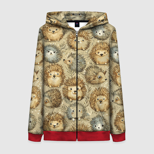 Женская толстовка на молнии Паттерн лесной ежик / 3D-Красный – фото 1