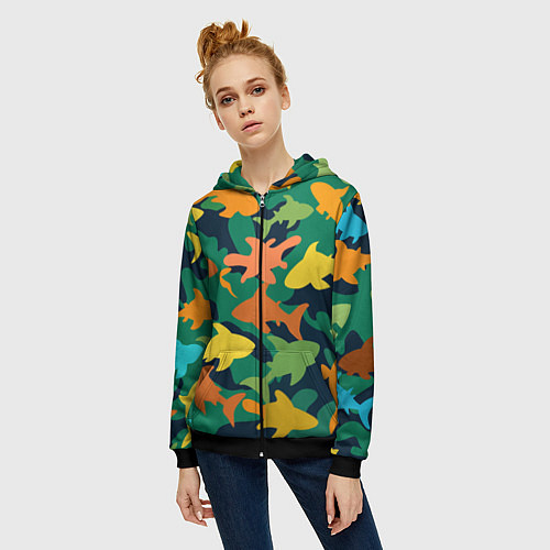 Женская толстовка на молнии Камуфляж силуэты рыбок / 3D-Черный – фото 3