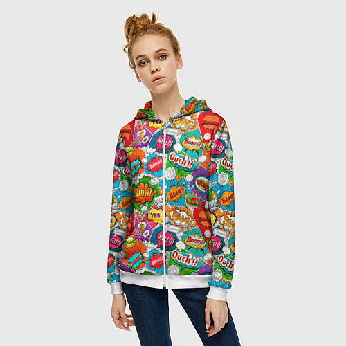 Женская толстовка на молнии Bang Boom Ouch pop art pattern / 3D-Белый – фото 3