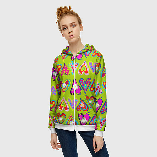 Женская толстовка на молнии Разноцветные сердца в мексиканском стиле / 3D-Белый – фото 3