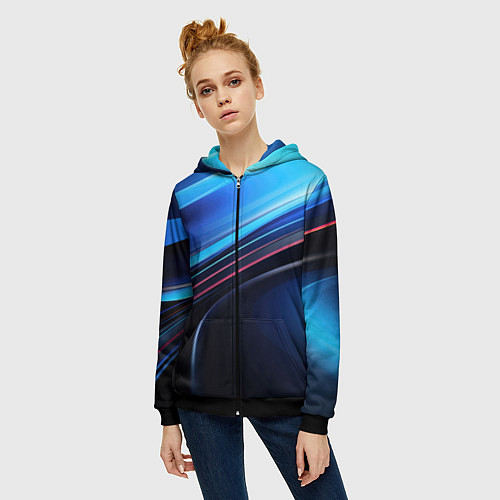 Женская толстовка на молнии Синяя и черная абстракция геометрическая / 3D-Черный – фото 3
