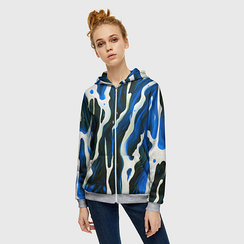 Женская толстовка на молнии Текучая краска белая и синяя / 3D-Меланж – фото 3