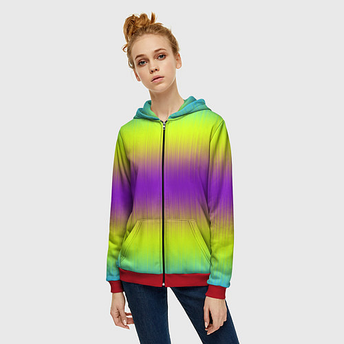 Женская толстовка на молнии Неоновые салатовые и фиолетовые полосы / 3D-Красный – фото 3