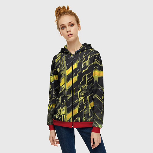 Женская толстовка на молнии Жёлтые неоновые линии / 3D-Красный – фото 3