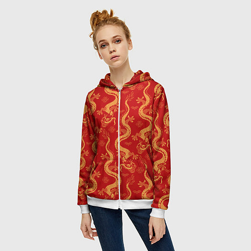 Женская толстовка на молнии Желтый - дракон / 3D-Белый – фото 3
