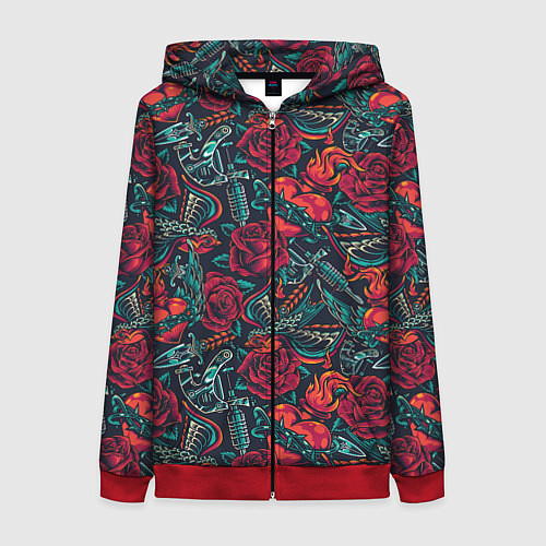 Женская толстовка на молнии Старинные флэш татуировки / 3D-Красный – фото 1