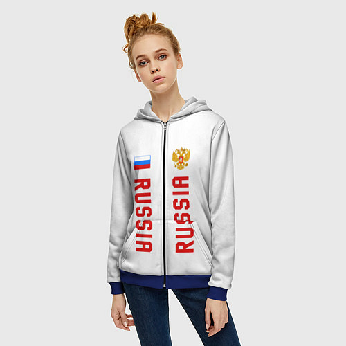 Женская толстовка на молнии Россия три полоски на белом фоне / 3D-Синий – фото 3