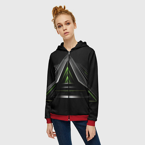 Женская толстовка на молнии Black green abstract nvidia style / 3D-Красный – фото 3