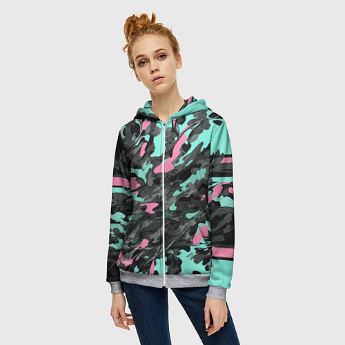 Женская толстовка на молнии Бирюзово-розовый камуфляж / 3D-Меланж – фото 3