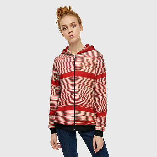 Женская толстовка на молнии В красную полосочку / 3D-Черный – фото 3