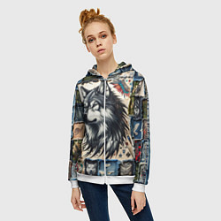 Толстовка на молнии женская Волк на дениме Пэчворк, цвет: 3D-белый — фото 2