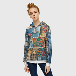 Толстовка на молнии женская Японские мотивы на дениме, цвет: 3D-белый — фото 2