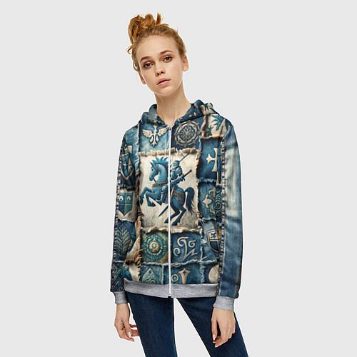 Женская толстовка на молнии Рыцарь на пэчворк дениме / 3D-Меланж – фото 3