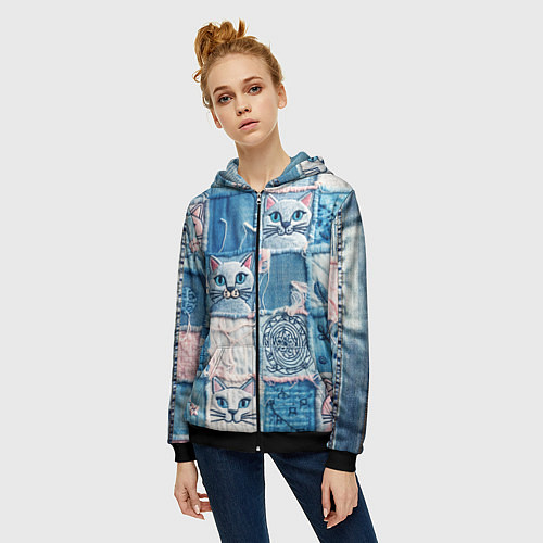 Женская толстовка на молнии Кошки на пэчворк джинсах паттерн / 3D-Черный – фото 3