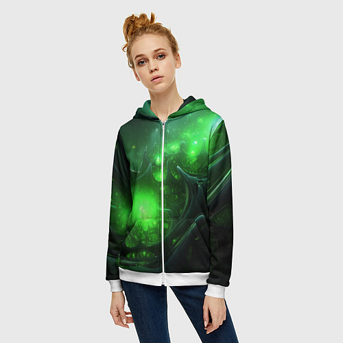 Женская толстовка на молнии Зеленая кислотная яркая неоновая абстракция / 3D-Белый – фото 3