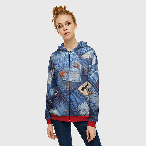 Женская толстовка на молнии Vanguard jeans patchwork - ai art / 3D-Красный – фото 3