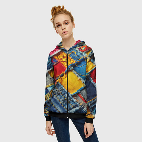 Женская толстовка на молнии Colorful denim patchwork - ai art / 3D-Черный – фото 3