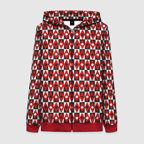 Женская толстовка на молнии Чёрно-белые ромбы и круги на красном фоне / 3D-Красный – фото 1