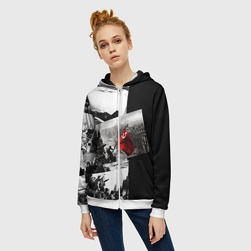 Женская толстовка на молнии День победы 9 мая коллаж из фронтовых моментов / 3D-Белый – фото 3