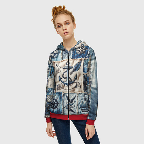 Женская толстовка на молнии Пэчворк с якорем - джинсовка моряка / 3D-Красный – фото 3