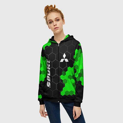 Женская толстовка на молнии Mitsubishi green sport hexagon / 3D-Черный – фото 3