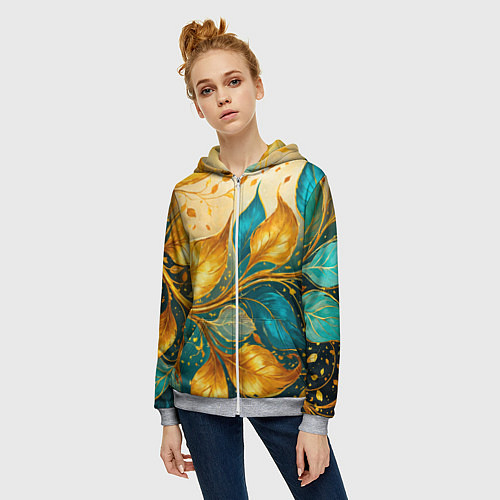Женская толстовка на молнии Листья абстрактные золото и бирюза / 3D-Меланж – фото 3