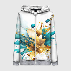 Толстовка на молнии женская Бирюзово голубая абстракция, брызги краски на бело, цвет: 3D-меланж