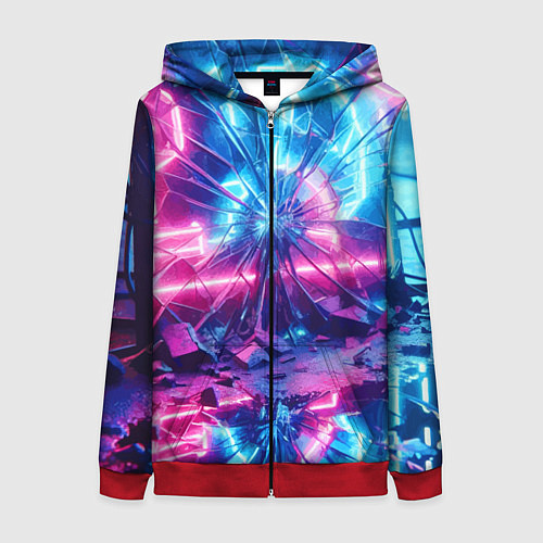 Женская толстовка на молнии Разбитая неоновая вывеска - мегаполис / 3D-Красный – фото 1