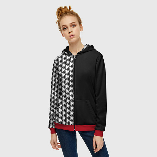 Женская толстовка на молнии Белые треугольники на чёрном фоне / 3D-Красный – фото 3