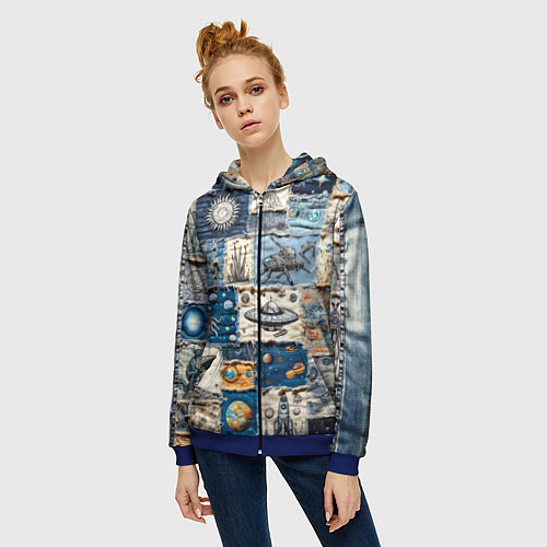 Женская толстовка на молнии Джинсовый пэчворк с пришельцами / 3D-Синий – фото 3