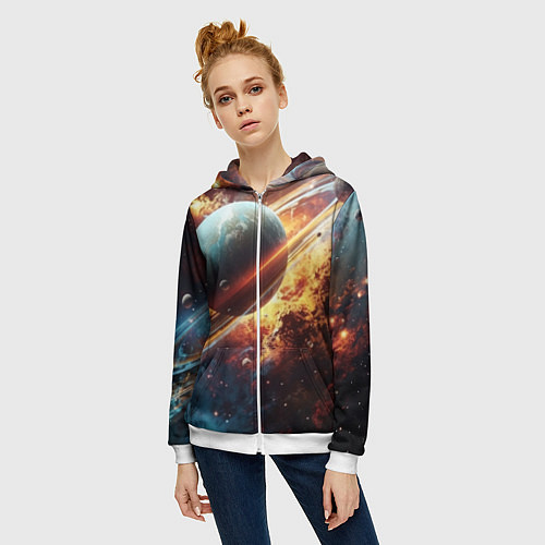Женская толстовка на молнии Большая планета / 3D-Белый – фото 3