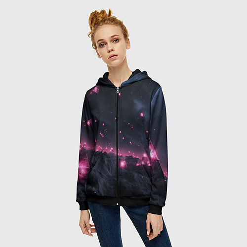Женская толстовка на молнии Яркие пирамидки в космосе / 3D-Черный – фото 3