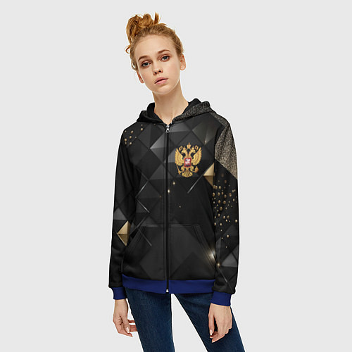 Женская толстовка на молнии Золотой герб России на черно-золотой текстуре / 3D-Синий – фото 3