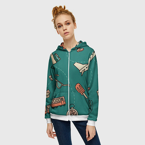 Женская толстовка на молнии Предметы для путешествий, транспорт / 3D-Белый – фото 3