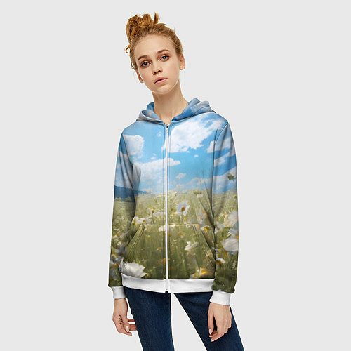 Женская толстовка на молнии Ромашковое поле / 3D-Белый – фото 3