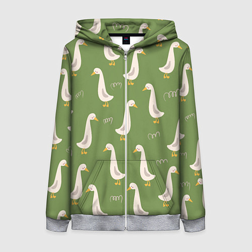 Женская толстовка на молнии Утки на зеленой травке - паттерн / 3D-Меланж – фото 1