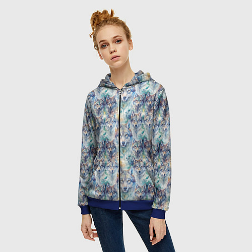 Женская толстовка на молнии Паттерн из волков / 3D-Синий – фото 3