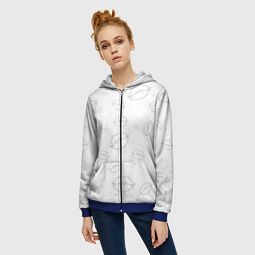 Женская толстовка на молнии Паттерн серый контур губ на белом - lips / 3D-Синий – фото 3