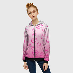 Толстовка на молнии женская Паттерн малиновые губы на розовом градиент - lips, цвет: 3D-черный — фото 2