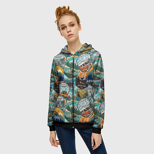 Женская толстовка на молнии Adventure stickers / 3D-Черный – фото 3