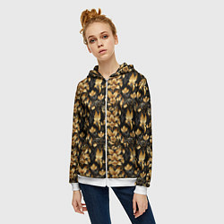 Толстовка на молнии женская Золотые листья на черном фоне, цвет: 3D-белый — фото 2