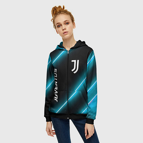 Женская толстовка на молнии Juventus неоновые лампы / 3D-Черный – фото 3
